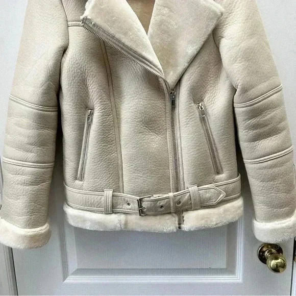 Topshop Cora Faux Shearling Moto Aviator Biker Jacket Cream Ecru Size 4 NWOT - Picture 6 of 16